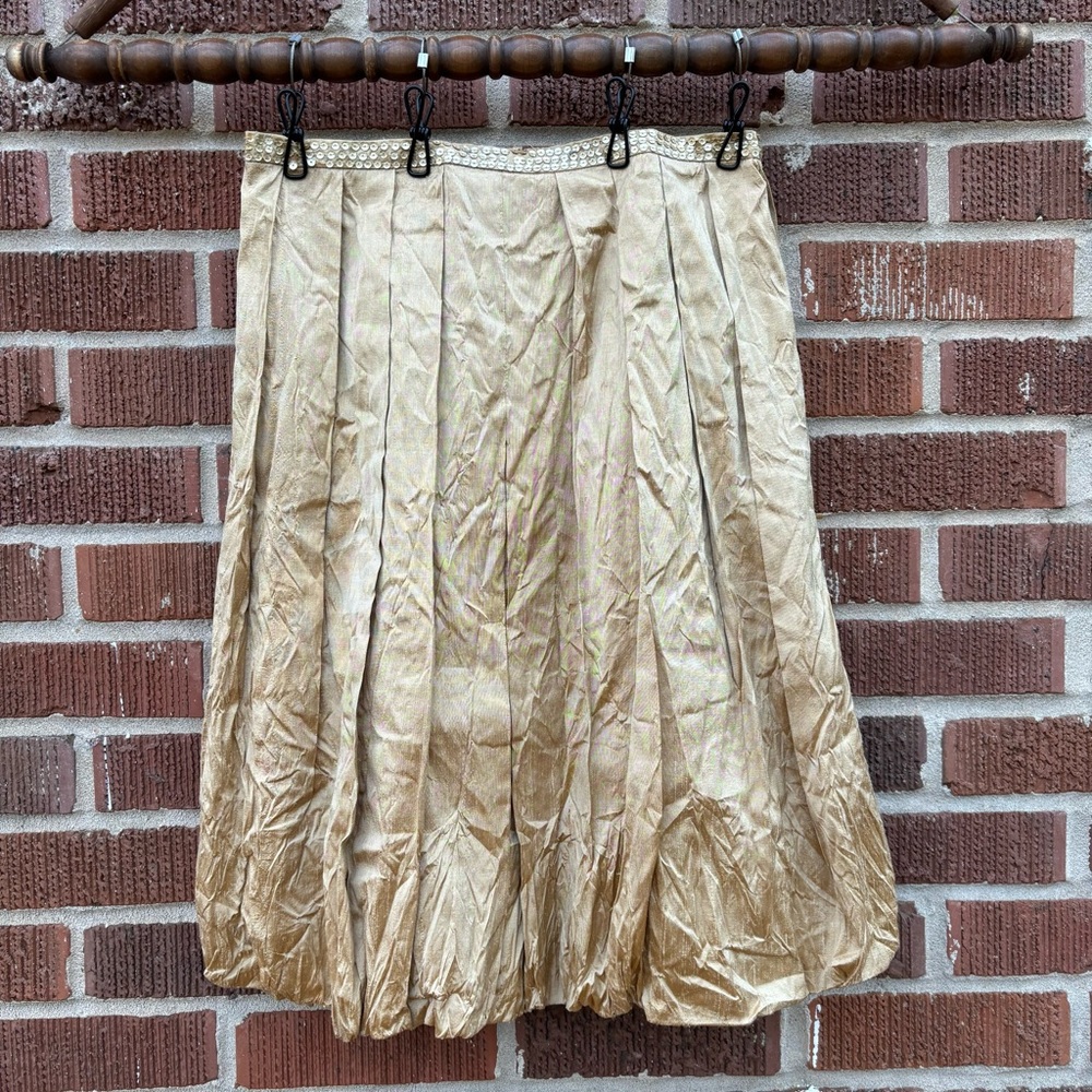 Ice Ixe 100% silk gold color bubble skirt back zipper Sequins waist trim Sz 4